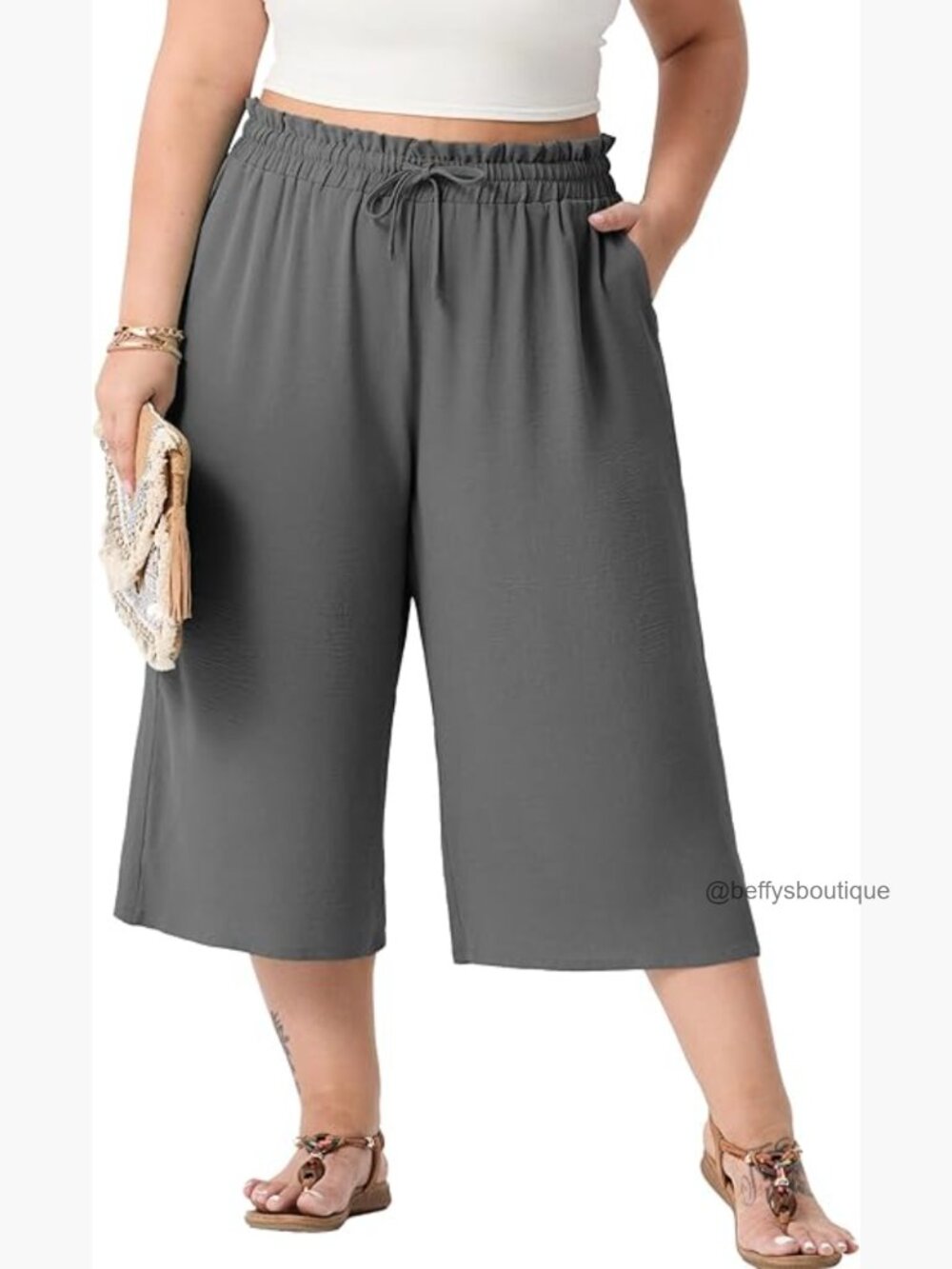 Plus Size Wide Leg Capris High Waist Drawstring Trousers w Pockets